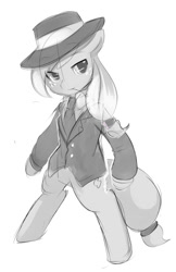 Size: 563x870 | Tagged: safe, artist:ende26, applejack, earth pony, pony, bipedal, clothes, doodle, hat, monochrome, simple background, solo