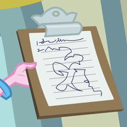 Size: 579x578 | Tagged: safe, pinkie pie, equestria girls, bracelet, clipboard, female, handwriting, jewelry, paper, pink skin, signature, solo