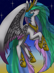 Size: 1200x1600 | Tagged: safe, artist:laedyblu, princess celestia, alicorn, pony, crown, flying, jewelry, peytral, regalia, sad, solo