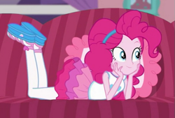 Size: 557x377 | Tagged: safe, derpibooru import, screencap, pinkie pie, better together, equestria girls, pinkie sitting, clothes, cute, diapinkes, hairband, legs in air, lying down, pantyhose, shoes, skirt