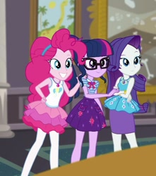 Size: 636x720 | Tagged: safe, derpibooru import, screencap, pinkie pie, rarity, sci-twi, twilight sparkle, better together, equestria girls, school of rock, clothes, cropped, crossed arms, female, geode of shielding, geode of telekinesis, glasses, hairband, magical geodes, pantyhose, ponytail, skirt, smiling