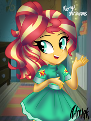 Size: 1536x2048 | Tagged: safe, artist:artmlpk, sunset shimmer, equestria girls, alternate hairstyle, christmas, clothes, cute, cutie mark, design, dress, holiday, looking back, open mouth, ponytail, room, shimmerbetes, smiley face, solo