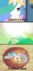 Size: 680x1459 | Tagged: safe, edit, edited screencap, screencap, princess celestia, alicorn, pony, a canterlot wedding, comic, dragon ball z, dragonball z abridged, female, mare, screencap comic, team four star, uselesstia, yamcha's death pose