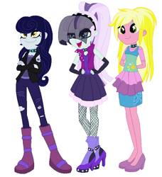 Size: 559x613 | Tagged: safe, artist:sarahgdo, derpibooru import, coloratura, moonlight raven, sunshine smiles, equestria girls, alternate universe, boots, choker, clothes, countess coloratura, equestria girls-ified, female, fishnets, high heel boots, high heels, pantyhose, ponytail, ripped pants, shoes, skirt, torn clothes