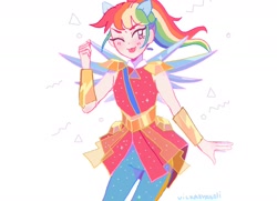 Size: 1774x1287 | Tagged: safe, artist:vilkadvanoli, derpibooru import, rainbow dash, human, equestria girls, clothes, crystal guardian, crystal wings, dress, ponied up, pony ears, ponytail, solo, tongue out, wings