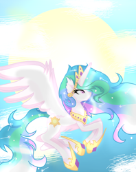 Size: 712x900 | Tagged: safe, artist:samantha062104, princess celestia, alicorn, pony, crown, flying, jewelry, peytral, regalia, solo, sun