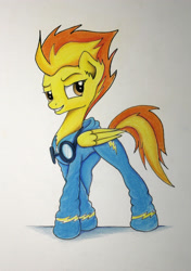 Size: 2212x3141 | Tagged: safe, artist:pajaga, derpibooru import, spitfire, goggles, grin, simple background, solo, traditional art, wonderbolts uniform