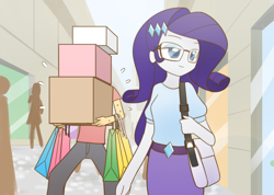 Size: 3024x2150 | Tagged: safe, artist:howxu, rarity, oc, oc:generic messy hair anime anon, equestria girls, clothes, commission, glasses, mall, pants, purse, shopping, shopping bags, skirt, solo, struggling