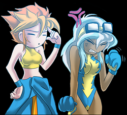 Size: 352x321 | Tagged: safe, artist:mauroz, derpibooru import, edit, misty fly, spitfire, human, clothes, cropped, female, goggles, grumpy, humanized, leotard, midriff, sports bra, wonderbolts, wonderbolts uniform