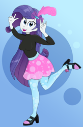 Size: 1771x2724 | Tagged: safe, artist:iyoungsavage, derpibooru import, rarity, eqg summertime shorts, equestria girls, good vibes, abstract background, clothes, cute, female, high heels, long hair, looking at you, open mouth, pantyhose, raised leg, shoes, skirt, smiling, solo, sweater, turtleneck