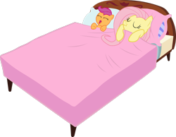 Size: 900x697 | Tagged: safe, fluttershy, scootaloo, pegasus, pony, :t, bed, cute, cutealoo, eyes closed, open mouth, scootalove, shyabetes, simple background, sleeping, transparent background, vector, weapons-grade cute, yawn