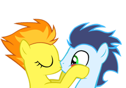 Size: 800x560 | Tagged: safe, artist:nejcrozi, derpibooru import, soarin', spitfire, pony, female, kissing, male, shipping, simple background, soarinfire, straight, transparent background