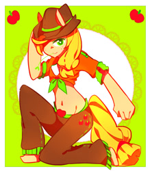 Size: 700x800 | Tagged: safe, artist:tsukimei99, applejack, anthro, belly button, midriff, pixiv, solo