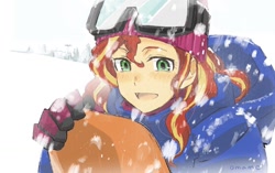 Size: 1316x825 | Tagged: safe, artist:5mmumm5, sunset shimmer, equestria girls, bust, clothes, cute, female, gloves, goggles, hat, jacket, not fiery shimmer, open mouth, shimmerbetes, snow, snowfall, solo, winter