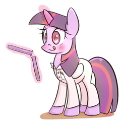 Size: 1000x1000 | Tagged: safe, artist:joycall6, derpibooru import, twilight sparkle, twilight sparkle (alicorn), alicorn, pony, :q, blushing, bodysuit, clothes, female, lab coat, magic, mare, pouring, science, smiling, solo, telekinesis, test tube, tongue out, vial