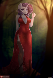 Size: 1400x2048 | Tagged: safe, artist:alicesmitt31, rarity, anthro, absolute cleavage, breasts, cleavage, clothes, dress, female, forest, mare, raritits, red dress, side slit, smiling, solo, stockings, thigh highs