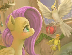 Size: 2480x1908 | Tagged: safe, artist:mrs1989, fluttershy, bird, pegasus, pony, christmas, cockatiel, gift giving, lovebird, painting, present, solo