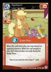 Size: 360x503 | Tagged: safe, applejack, spike, dragon, earth pony, pony, absolute discord, card, ccg, enterplay, helmet, horned helmet, lasso, unsexy bondage, viking helmet