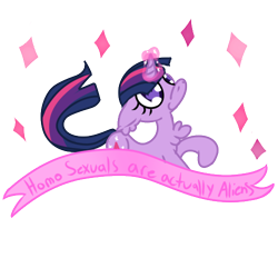 Size: 500x500 | Tagged: safe, artist:php10, derpibooru import, twilight sparkle, unicorn twilight, alien, pony, unicorn, chibi, ear fluff, false truth ponies, female, mare, mouthpiece, old banner, op is a cuck, op is trying to start shit, out of character, parody, satire, simple background, solo, transparent background, wat