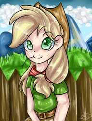 Size: 1024x1339 | Tagged: safe, artist:tamoqu, applejack, human, bandana, clothes, humanized, solo, straw