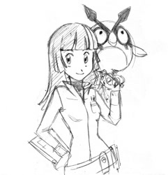 Size: 690x716 | Tagged: safe, artist:moondropstar, derpibooru import, owlowiscious, twilight sparkle, human, crossover, hoothoot, humanized, monochrome, pokémon