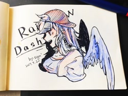 Size: 2274x1705 | Tagged: safe, artist:signiroha, derpibooru import, rainbow dash, human, backwards ballcap, baseball cap, cap, female, hat, humanized, solo, traditional art, winged humanization, wings