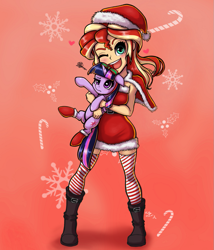 Size: 855x1000 | Tagged: safe, artist:the-park, sunset shimmer, twilight sparkle, twilight sparkle (alicorn), alicorn, human, pony, equestria girls, christmas, clothes, dress, duo, female, hat, holding a pony, holiday, santa hat, simple background, socks, thigh highs