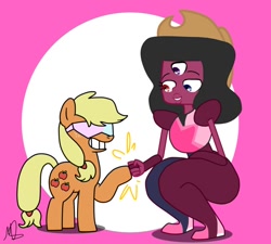 Size: 942x848 | Tagged: safe, artist:mushroomcookiebear, applejack, earth pony, pony, accessory swap, crossover, fist bump, garnet (steven universe), grin, steven universe