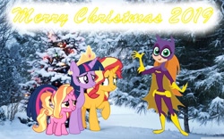 Size: 1024x640 | Tagged: safe, artist:cartoonmasterv3, luster dawn, sunset shimmer, twilight sparkle, twilight sparkle (alicorn), alicorn, pony, unicorn, batgirl, christmas, crossover, dc superhero girls, forest, holiday, snow, tree