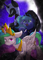 Size: 1079x1521 | Tagged: safe, artist:crystalleye, nightmare moon, princess celestia, princess luna, alicorn, pony, crying, duality, floppy ears, royal sisters, s1 luna, sad, smiling, smirk, stars