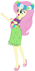 Size: 2000x4008 | Tagged: safe, artist:discorded, fluttershy, equestria girls, shake your tail, clothes, feet, flip-flops, grass skirt, hawaiian flower in hair, hawaiian shirt, hula, hulashy, lei, sandals, simple background, skirt, solo, transparent background, vector