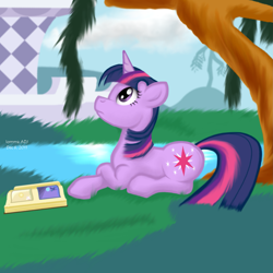 Size: 1983x1980 | Tagged: safe, artist:iomma, derpibooru import, twilight sparkle, unicorn, book, female, solo, tree, water