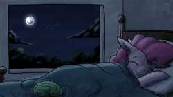 Size: 4000x2250 | Tagged: safe, artist:dragonwolfrooke, gummy, pinkie pie, earth pony, pony, bed, moon, music, night, pink side of the moon, sleeping, solo