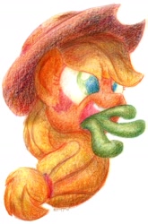 Size: 1051x1595 | Tagged: safe, artist:aemantaslim, applejack, earth pony, monster pony, original species, pony, tatzlpony, colored pencil drawing, solo, tatzljack, tentacle tongue, tongue out, traditional art