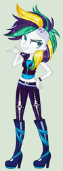 Size: 592x1596 | Tagged: safe, artist:yulianapie26, rarity, equestria girls, it isn't the mane thing about you, alternate hairstyle, boots, clothes, high heel boots, midriff, mohawk, pants, punk, raripunk, shirt, shoes, short hair, simple background, smiling, solo