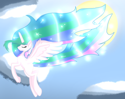 Size: 900x712 | Tagged: safe, artist:samantha062104, princess celestia, alicorn, pony, cloud, flying, solo, sun