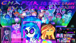 Size: 1280x731 | Tagged: safe, bulk biceps, curly winds, dj pon-3, duke suave, fluttershy, hunter hedge, kiwi lollipop, laurel jade, lemon zack, microchips, mile hill, some blue guy, space camp (character), sunset shimmer, supernova zap, twilight sparkle, vinyl scratch, wiz kid, better together, choose your own ending, equestria girls, rainbow rocks, sunset's backstage pass!, the last drop, blushing, chapter image, clothes, fanfic, fanfic art, fanfic cover, fry lilac, glowstick, ink jet, k-lo, mc dex fx, micro chips, postcrush, su-z