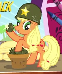 Size: 278x331 | Tagged: safe, artist:facelessjr, edit, applejack, earth pony, pony, friendship is witchcraft, basket, coloring book, grenade, helmet, how applejack won the war