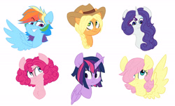 Size: 6582x3984 | Tagged: safe, artist:chub-wub, derpibooru import, applejack, fluttershy, pinkie pie, rainbow dash, rarity, twilight sparkle, twilight sparkle (alicorn), alicorn, earth pony, pegasus, pony, unicorn, alternate hairstyle, braid, cowboy hat, cute, ear piercing, earring, female, hat, jewelry, mane six, mare, piercing, simple background, smiling, white background