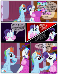 Size: 3500x4500 | Tagged: safe, artist:becauseimpink, derpibooru import, elusive, rainbow blitz, rainbow dash, rarity, pegasus, pony, unicorn, comic:transition, blushing, clothes, comic, crossdressing, dialogue, dress, embarrassed, male, rule 63, smiling, stallion, thinking, transgender, unshorn fetlocks