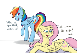 Size: 1113x763 | Tagged: safe, artist:haruhi-il, derpibooru import, fluttershy, rainbow dash, pegasus, pony, blushing, dialogue, female, flutterdash, lesbian, mare, shipping, simple background, white background