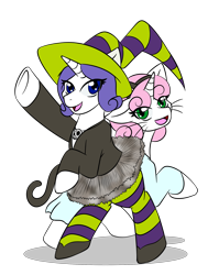 Size: 1594x2106 | Tagged: safe, artist:jolliapplegirl, derpibooru import, rarity, sweetie belle, cat, pony, unicorn, clothes, cosplay, costume, cute, dress, female, hat, mare, pantyhose, scary godmother, shoes, skirt, skirt lift, socks, striped pantyhose, striped socks, tabitha st. germain, tutu, witch, witch hat