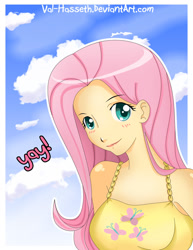 Size: 900x1165 | Tagged: safe, artist:val-hasseth, fluttershy, human, blushing, cloud, humanized, solo