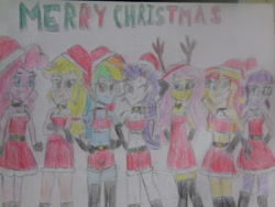 Size: 1024x768 | Tagged: safe, artist:brandonale, applejack, fluttershy, pinkie pie, rainbow dash, rarity, sci-twi, sunset shimmer, twilight sparkle, equestria girls, christmas, holiday, humane five, humane seven, humane six, traditional art