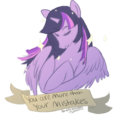 Size: 1280x1331 | Tagged: safe, artist:poniesforparents, derpibooru import, twilight sparkle, twilight sparkle (alicorn), alicorn, pony, eyes closed, female, mare, motivational, old banner, positive ponies, solo