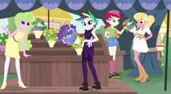 Size: 2000x1100 | Tagged: safe, artist:darthlena, daisy, flower wishes, lily, lily valley, rarity, roseluck, equestria girls, it isn't the mane thing about you, alternate hairstyle, boots, clothes, denim shorts, dress, equestria girls interpretation, equestria girls-ified, flower trio, high heels, midriff, pants, ponytail, punk, raripunk, scene interpretation, shoes, shorts, socks