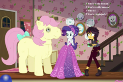 Size: 1053x702 | Tagged: safe, edit, edited screencap, screencap, applejack, fluttershy, posey, rarity, sunset shimmer, better together, costume conundrum, costume conundrum: applejack, equestria girls, g1, bow, bulk biceps' home, cropped, fake fangs, g1 to g4, generation leap, horse costume, photo, quadsuit, ripped pants, seven songs and a story, silly, silly pony, song reference, tail bow, vampire shimmer, who's a silly pony, wooyoo