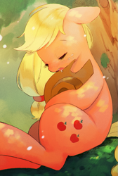 Size: 665x987 | Tagged: safe, artist:hotomura, applejack, earth pony, pony, cute, drool, eyes closed, female, jackabetes, mare, sitting, sleeping, solo