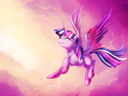 Size: 700x525 | Tagged: safe, artist:shinepawpony, derpibooru import, twilight sparkle, twilight sparkle (alicorn), alicorn, pony, cloud, cloudy, eyes closed, female, flying, mare, rainbow power, solo