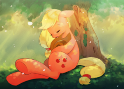 Size: 1280x919 | Tagged: dead source, safe, artist:hotomura, applejack, earth pony, pony, drool, female, mare, sitting, sleeping, solo, tree